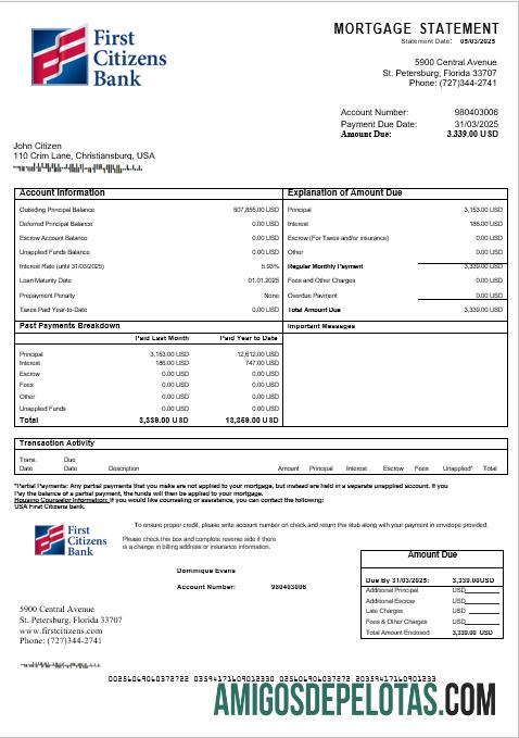 Extrato de hipoteca do USA First Citizens Bank em formatos Word e PDF exemplo